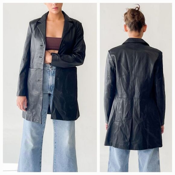 Vintage Black Leather Long Line Midi Length Button Front Duster Jacket Coat S - Picture 2 of 13